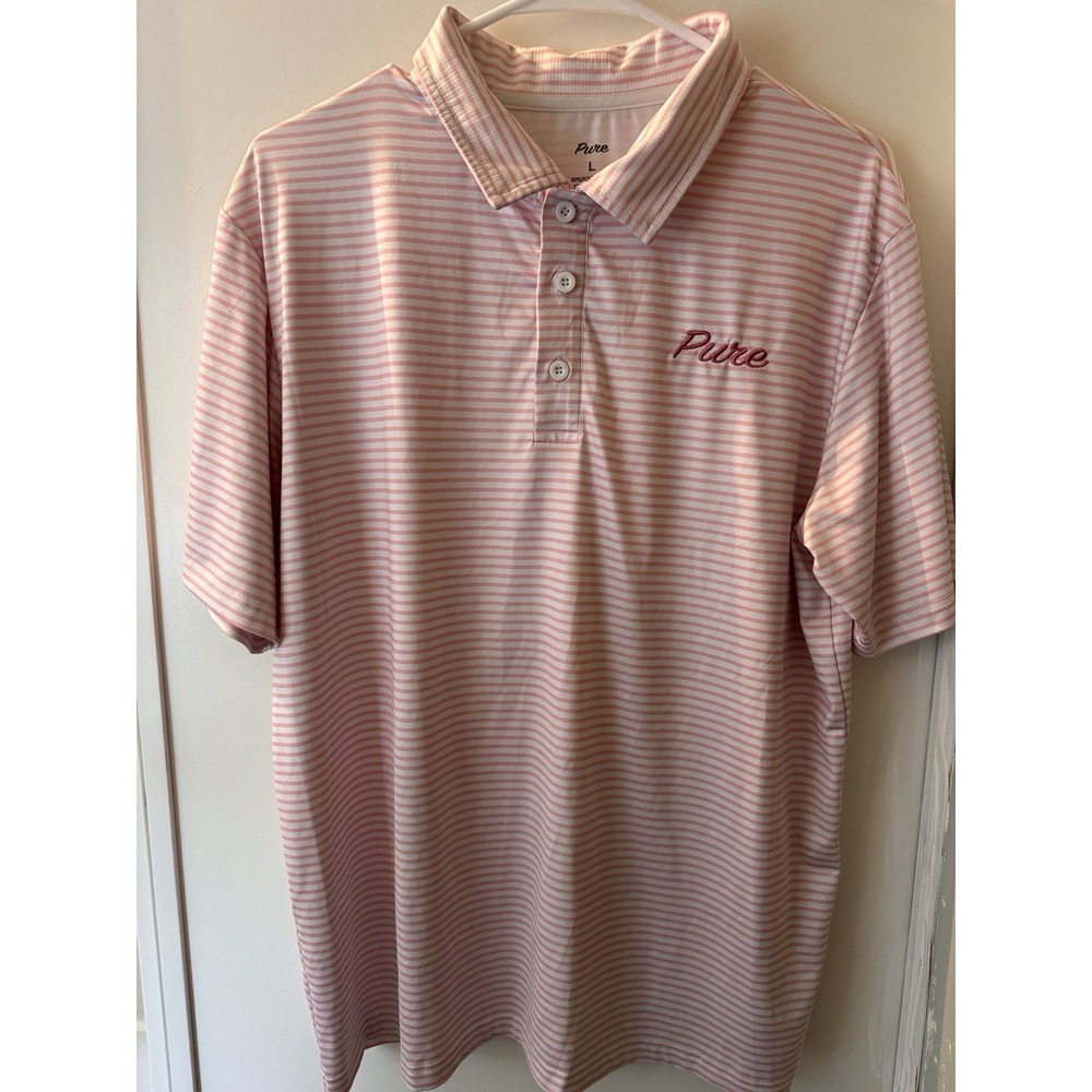 Pure Golf Polo Mens Large Pink And White  Stretch Best Feeling in Golf Outdoor L